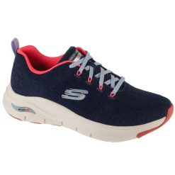 Buty sportowe Sneakersy damskie, Arch Fit Comfy Wave. Niebieskie obuwie sportowe damskie Skechers, bez wzorów, bez zapięcia, trekkingowe. Za 399.99 zł.