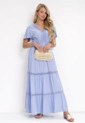Jasnoniebieska Sukienka Maxi z Gumką w Talii i Koronkowymi Lamówkami Kelbie. Niebieskie sukienki damskie Born2be, l, z aplikacjami, z koronki, bez kołnierzyka, bez ramiączek, maxi, rozkloszowane. Za 74.99 zł.