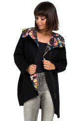 Czarna Rozpinana Luźna Bluza z Kwiecistym Kapturem. Czarne bluzy damskie MOE, l, bez wzorów, z bawełny, bez ramiączek. Za 303.90 zł.