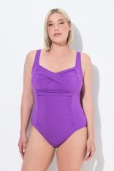 Damski Strój kąpielowy drapowanie miękkie miseczki regulowane ramiączka. Fioletowe stroje kąpielowe damskie Ulla Popken, plus size, bez wzorów, z elastanu. Za 233.99 zł.