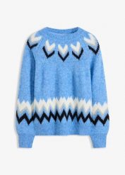 Sweter w norweski wzór, z zygzakowatymi paskami. Niebieskie swetry nierozpinane damskie bonprix, bez wzorów, bez kołnierzyka, bez ramiączek. Za 139.99 zł.