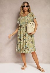 Żółta Sukienka Boho z Wiskozy z Cienkim Paskiem w Talii Rivasea. Żółte sukienki damskie Renee, bez wzorów, z wiskozy, boho, bez kołnierzyka, bez ramiączek, midi, rozkloszowane. Za 49.99 zł.