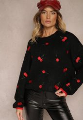 Czarny Sweter w Wisienki z Dodatkiem Wełny Eltintia. Czarne swetry nierozpinane damskie Renee, m, bez wzorów, z wełny, casualowe, bez kołnierzyka, bez ramiączek. Za 149.99 zł.