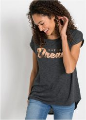 Długi T-shirt z mieszanki wiskozy. Brązowe t-shirty damskie bonprix, bez wzorów, z wiskozy, eleganckie, bez kołnierzyka, bez ramiączek. Za 77.99 zł.