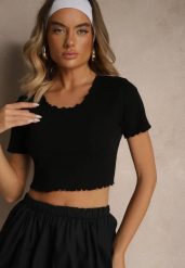 Czarny T-shirt z Bawełną z Prążkowanej Dzianiny Adlesse. Czarne t-shirty damskie Renee, l, bez wzorów, z bawełny, bez kołnierzyka, bez ramiączek. Za 39.99 zł.