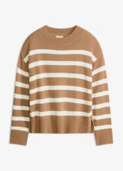 Sweter oversize z mieszanki bawełny. Brązowe swetry nierozpinane damskie bonprix, bez wzorów, z bawełny, bez kołnierzyka, bez ramiączek. Za 64.99 zł.