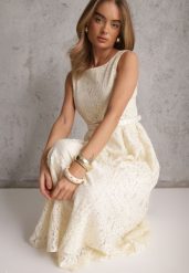 Beżowa Koktajlowa Sukienka z Koronki z Bawełną i Wiskozą Ozdobiona Paskiem Chaleite. Brązowe sukienki damskie Renee, m, bez wzorów, z bawełny, eleganckie, bez kołnierzyka, bez ramiączek, maxi. Za 259.99 zł.