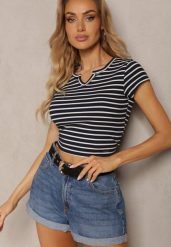 Granatowo-Biały T-shirt z Bawełny z Krótkim Rękawem i Ozdobnym Wycięciem Relenna. Niebieskie t-shirty damskie Renee, m, bez wzorów, z bawełny, bez kołnierzyka, bez ramiączek. Za 39.99 zł.