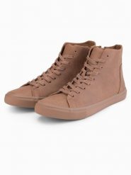 Wysokie męskie trampki z matową fakturą i wytłaczanym logo – jasnobrązowe V3 - Rozmiar: 43. Brązowe trampki męskie Ombre Clothing, bez wzorów, z materiału, eleganckie, przed kolano, bez zapięcia. W wyprzedaży za 123.49 zł.