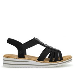Sandały Rieker. Czarne sandały damskie Rieker, bez wzorów, bez obcasa, na płaskiej podeszwie, bez zapięcia. Za 299.99 zł.