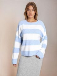 Sweter w paski - błękitny. Niebieskie swetry nierozpinane damskie Sinsay, l, bez wzorów, bez kołnierzyka, bez ramiączek. Za 49.99 zł.