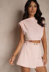 Różowe Spódnico-Szorty z Dodatkowym Paskiem i Gumką w Talii Folamira. Czerwone szorty damskie Renee, bez wzorów, eleganckie. Za 74.99 zł.
