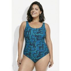 Damskie Strój kąpielowy koty bez miękkich miseczek okrągły dekolt. Niebieskie stroje kąpielowe damskie Ulla Popken, plus size, bez wzorów, z elastanu. W wyprzedaży za 159.99 zł.