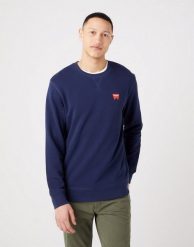 WRANGLER SIGN OFF CREW MĘSKA BLUZA KLASYCZNA LOGO NAVY W661HA114 112320286. Niebieskie bluzy męskie Wrangler, m, bez wzorów, z bawełny, biznesowe, bez ramiączek, bez kaptura. Za 169.99 zł.