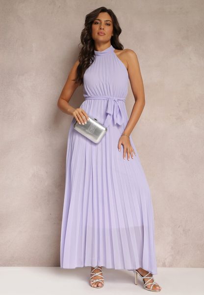 Fioletowa Sukienka Maxi bez Rękawów z Gumką w Talii z Plisowanej Tkaniny Pesstia. Fioletowe sukienki damskie Renee, m, bez wzorów, z tkaniny, bez kołnierzyka, bez ramiączek, maxi, rozkloszowane. Za 149.99 zł.