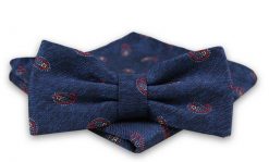 Granatowa Mucha Męska -ALTIES- z Taką Samą Poszetką, w Czerwony Wzór Paisley. Czerwone krawaty i muchy Alties, bez wzorów, eleganckie. Za 54.00 zł.