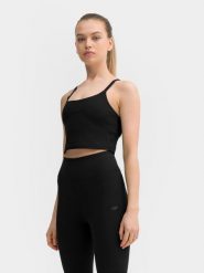 4F Crop top do jogi i pilatesu z materiałów z recyklingu damski XL. Czarne topy damskie 4F, m, bez wzorów, z materiału, bez kołnierzyka, bez ramiączek. W wyprzedaży za 29.99 zł.