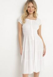 Biała Bawełniana Rozkloszowana Sukienka z Guzikami i Bufiastymi Rękawami Annivi. Białe sukienki damskie Born2be, na co dzień, l, bez wzorów, z bawełny, eleganckie, bez kołnierzyka, bez ramiączek, midi, rozkloszowane. Za 39.99 zł.