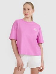 4F T-shirt regular z nadrukiem damski - różowy XL. Czerwone t-shirty damskie 4F, uniwersalny, bez wzorów, z bawełny, klasyczne, bez kołnierzyka, bez ramiączek. W wyprzedaży za 39.99 zł.