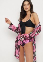 Czarno-Różowe Bikini Wiązany Biustonosz i Majtki Figi z Dodatkową Narzutką z Siateczki Zareliah. Czarne bikini Born2be, z aplikacjami. Za 99.99 zł.
