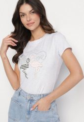 Jasnoszary T-shirt z Bawełny z Cyrkoniami i Nadrukiem Listebia. Szare t-shirty damskie Born2be, m, bez wzorów, z bawełny, klasyczne, bez kołnierzyka, bez ramiączek. Za 34.99 zł.