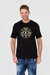 JUST CAVALLI Czarny t-shirt Fiche Gold. Czarne t-shirty męskie Just Cavalli, m, bez wzorów, bez kołnierzyka, bez ramiączek. W wyprzedaży za 349.99 zł.