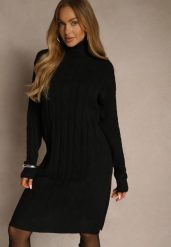 Czarna Sukienka Sweterkowa z Golfem Wełną Bawełną i Ozdobnym Splotem Reilenea. Czarne sukienki damskie Renee, na spotkanie biznesowe, l, bez wzorów, z bawełny, eleganckie, bez kołnierzyka, bez ramiączek, midi. Za 79.99 zł.