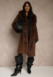 Brązowy Płaszcz z Odpinanym Futerkiem Lillvana. Brązowe płaszcze damskie Renee, l, bez wzorów, z jeansu, eleganckie, bez kołnierzyka, bez kaptura. Za 349.99 zł.