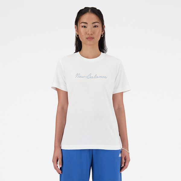 Koszulka damska New Balance WT41909WT – biała. Białe bluzki damskie New Balance, m, bez wzorów, z materiału, eleganckie, bez kołnierzyka, bez ramiączek. Za 49.99 zł.