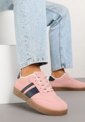 Różowe Sneakersy Typu Tenisówki Ozdobione Paskami Amolana. Czerwone trampki i tenisówki damskie Renee, bez wzorów, z jeansu, bez zapięcia. Za 74.99 zł.