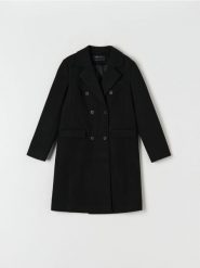 Płaszcz dwurzędowy - czarny. Czarne płaszcze damskie Sinsay, l, bez wzorów, eleganckie, bez kołnierzyka, bez kaptura. Za 99.99 zł.