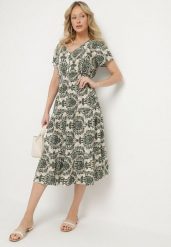 Ciemnozielona Bawełniana Sukienka o Rozkloszowanym Kroju z Gumką w Pasie Desilona. Zielone sukienki damskie Born2be, na co dzień, l, bez wzorów, z bawełny, eleganckie, bez kołnierzyka, bez ramiączek, midi, rozkloszowane. Za 44.99 zł.
