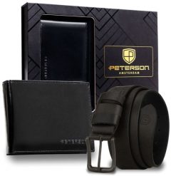 Zestaw prezentowy: skórzany portfel męski w czarnym kolorze bez zapięcia i czarny pasek ze skóry naturalnej - Peterson. Czarne portfele męskie Peterson, bez wzorów, ze skóry. Za 129.99 zł.