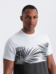 T-shirt meski dwukolorowy z nadrukiem w liście palmy - grafitowy V2 OM-TSPT-0177 - XXL. Szare t-shirty męskie Ombre Clothing, l, bez wzorów, z dzianiny, bez kołnierzyka, bez ramiączek. W wyprzedaży za 29.99 zł.