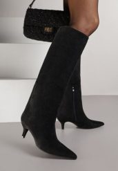Czarne Eleganckie Kozaki do Kolana na Obcasie Typu Kaczuszka Tesaira. Czarne kozaki damskie Born2be, bez wzorów, z jeansu, bez obcasa, na obcasie, bez zapięcia. Za 189.99 zł.