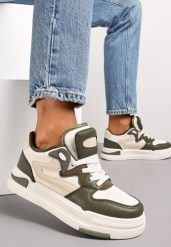 Zieloneo-Białe Sneakersy Ozdobione Wstawkami i Perforacją z Imitacji Skóry Cressia. Brązowe obuwie sportowe damskie Renee, z aplikacjami, z jeansu, bez zapięcia, na fitness i siłownię. Za 99.99 zł.