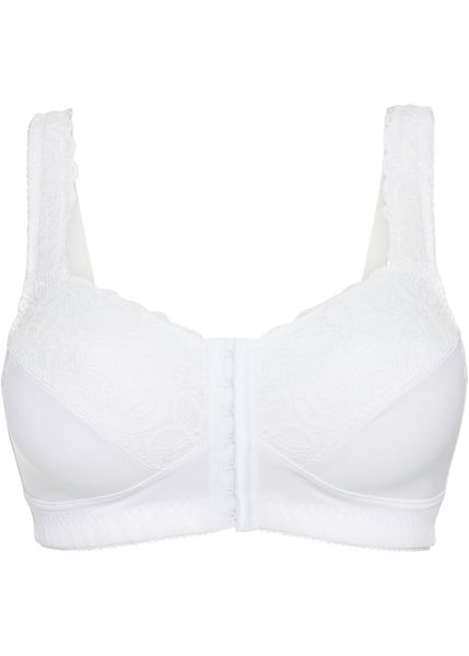 Biustonosz odciążający bez fiszbinów z wygodnym zapięciem z przodu. Białe biustonosze bonprix, bez wzorów, z koronki. Za 84.99 zł.