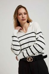 Sweter w paski z kołnierzykiem perłowo-czarny. Białe swetry nierozpinane damskie MOODO, s, bez wzorów, z poliamidu, bez kołnierzyka, bez ramiączek. W wyprzedaży za 64.99 zł.