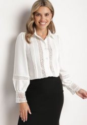 Biała Koszula z Kołnierzem i Koronkowymi Wstawkami Wilmara. Białe koszule damskie Born2be, m, bez wzorów, z koronki, bez kołnierzyka, bez ramiączek. Za 79.99 zł.