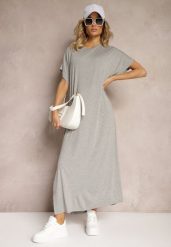 Szara Pudełkowa Sukienka z Wiskozy z Rozcięciem Vimoray. Szare sukienki damskie Renee, uniwersalny, bez wzorów, z wiskozy, bez kołnierzyka, bez ramiączek, maxi. Za 59.99 zł.