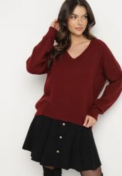 Bordowy Sweter z Bawełną Oversize Yorate. Czerwone swetry nierozpinane damskie Born2be, uniwersalny, bez wzorów, z bawełny, eleganckie, bez kołnierzyka, bez ramiączek. Za 109.99 zł.