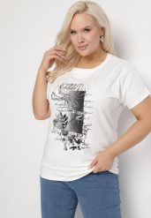 Biały Bawełniany T-shirt z Metalicznym Nadrukiem Farilna. Białe t-shirty damskie Born2be, uniwersalny, bez wzorów, z bawełny, bez kołnierzyka, bez ramiączek. Za 39.99 zł.