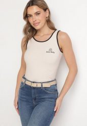 Jasnobeżowy Wiskozowy Top Ozdobiony Nadrukiem Amovara. Brązowe topy damskie Born2be, m, bez wzorów, z jeansu, bez kołnierzyka, bez ramiączek. Za 34.99 zł.