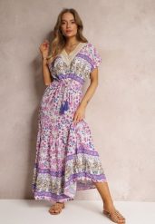 Fioletowa Sukienka Maxi ze Sznurkiem w Talii i Koronkową Wstawką przy Dekolcie Mererid. Fioletowe sukienki damskie Renee, na imprezę, l, bez wzorów, z koronki, bez kołnierzyka, bez ramiączek, maxi, rozkloszowane. Za 109.99 zł.