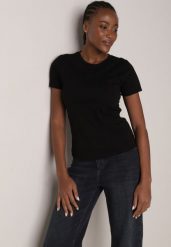 Czarny Bawełniany T-shirt w Klasycznym Stylu Nedila. Czarne t-shirty damskie Born2be, m, bez wzorów, z bawełny, klasyczne, bez kołnierzyka, bez ramiączek. Za 39.99 zł.