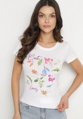 Różowy Bawełniany T-shirt z Ozdobnym Nadrukiem Zaromira. Białe t-shirty damskie Born2be, l, bez wzorów, z bawełny, eleganckie, bez kołnierzyka, bez ramiączek. Za 29.99 zł.