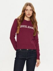 Guess Jeans Sweter W4BR10 Z3HM1 Bordowy Regular Fit. Czerwone swetry nierozpinane damskie Guess Jeans, xl, z aplikacjami, z bawełny, bez kołnierzyka, bez ramiączek. Za 219.99 zł.