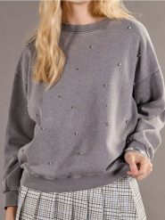 Bluza z efektem sprania i kryształkami - szary. Szare bluzy damskie Sinsay, l, bez wzorów, bez ramiączek, bez kaptura. W wyprzedaży za 25.99 zł.