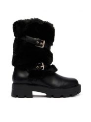 Guess Botki FLFYAF FUR10 Czarny. Czarne botki damskie Guess, z aplikacjami, ze skóry, bez obcasa, na płaskiej podeszwie, bez zapięcia. Za 764.99 zł.