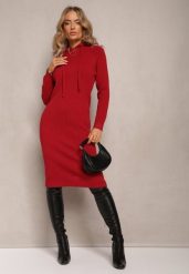 Bordowa Wełniana Sukienka w Prążki z Kapturem Opiuda. Czerwone sukienki damskie Renee, na co dzień, bez wzorów, z wełny, eleganckie, bez kołnierzyka, bez ramiączek, midi, sportowe. Za 99.99 zł.